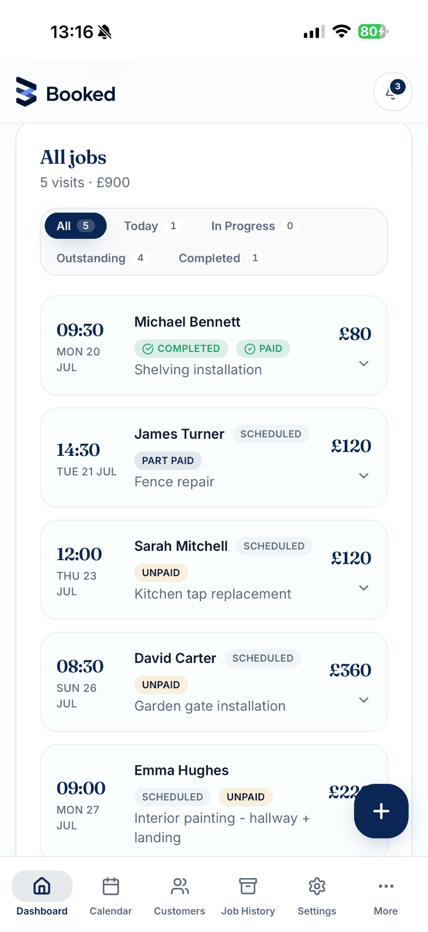 Booked jobs screen on iPhone
