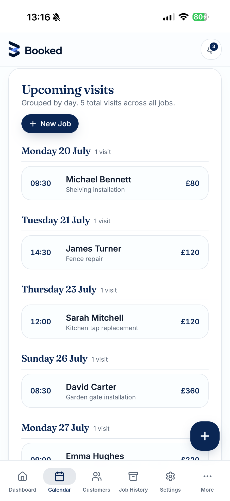 Booked calendar screen on iPhone